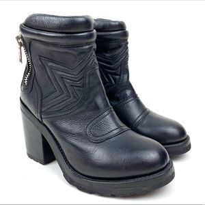 Ash Footwear Sz 39 (US 8) Black Leather Moto Boot Quilted Biker Chunky Heel Star